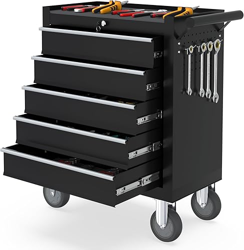 Caja de herramientas de metal con 5 cajones, caja de herramientas portátil con ruedas, caja de herramientas con cerradura para almacén, garaje,