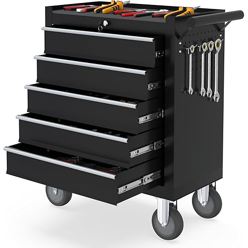 5 Drawers Metal Rolling Tool Chest, Portable Storage Tool Box with Wheels, Toolbox with Lock for Warehouse, Garage, Repair Shop and Tool Room