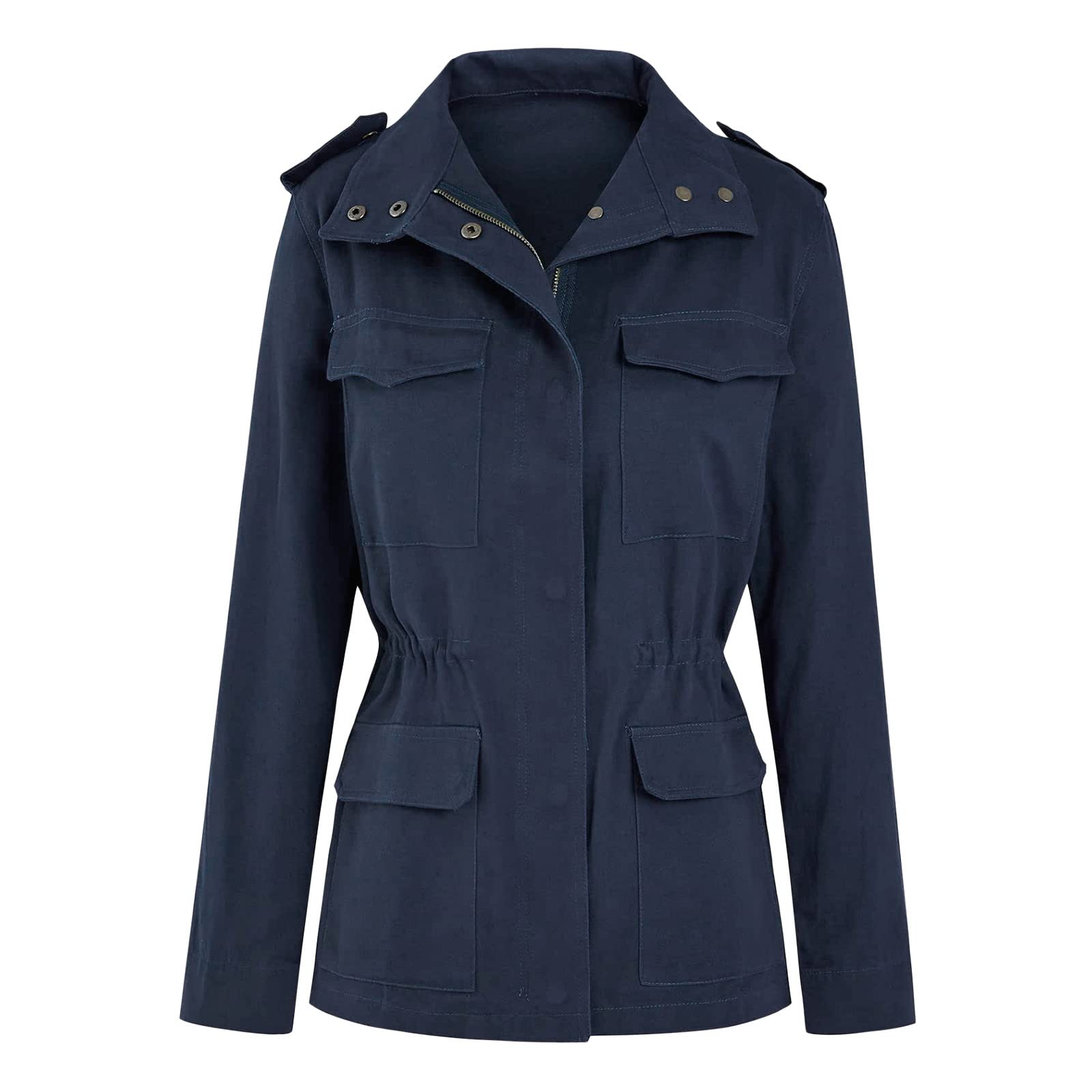 Jean Veste Militaire Femme Blouson Mi Saison Grande Taille Manteau Court Parka en Coton pour Printemps Décontracté Kaki Jacket Veste en Jean Saharienne Femme Legere Sports avec Poches Ziper