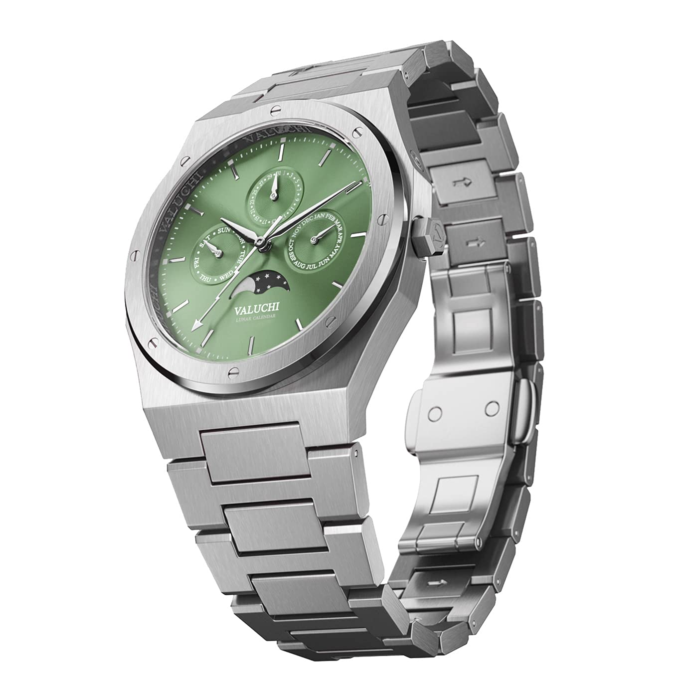 Valuchi Lunar Calendar Cuarzo Moon Phases Acero Fase Lunar Azul Hombre Reloj