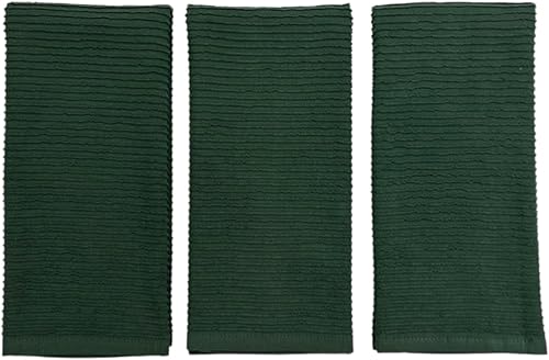 Miniatura 3 de Toallas de cocina verde oscuro 100% algodón paño de limpieza suave secado absorbente acanalado Terry Loop, juego de 3 multiusos para uso diario