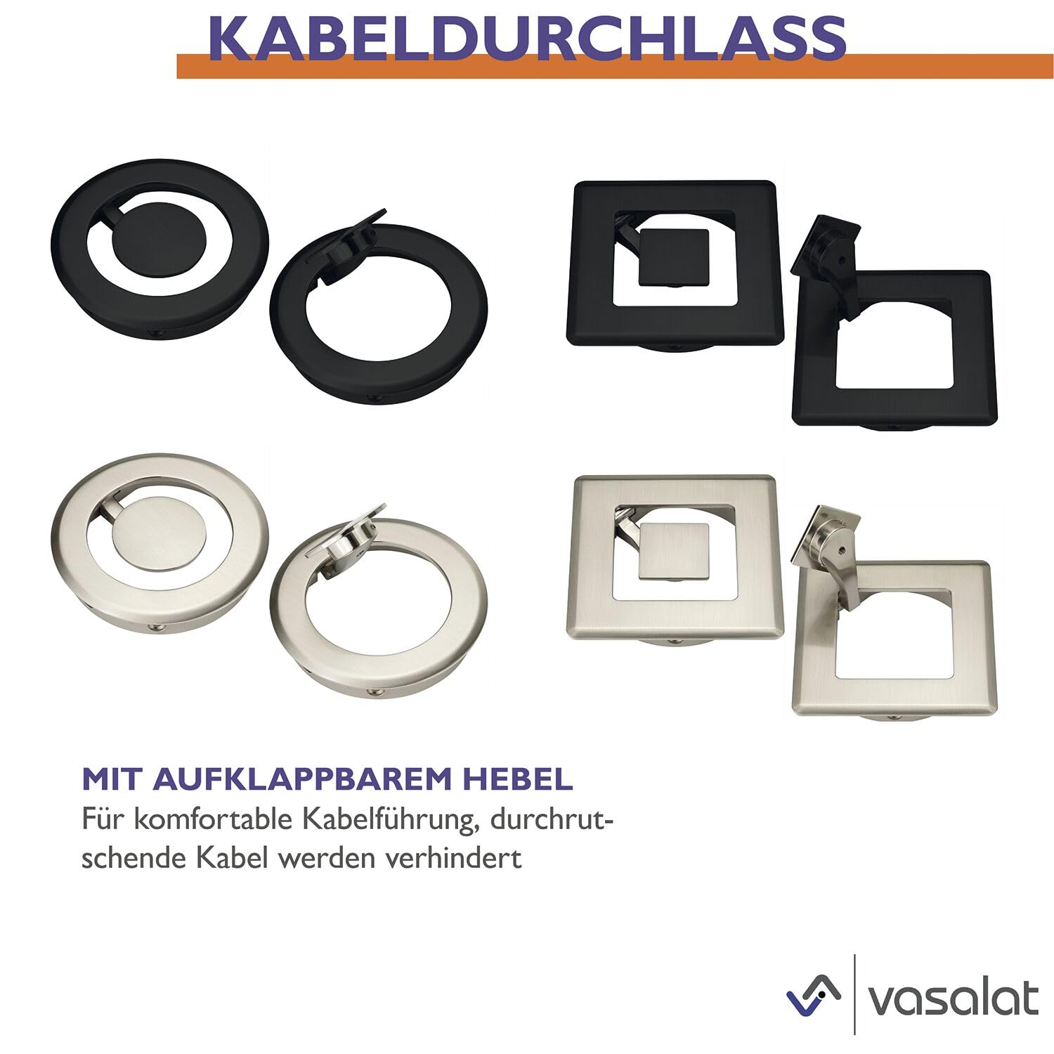 vasalat Set completo di passacavi da scrivania, con passacavi, 90 x 90 mm, canalina magnetica per cavi, clip di fissaggio e magneti, colore alluminio, lunghezza 580-750 mm
