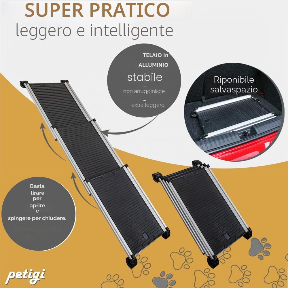 Rampa telescopica per cani, per auto, allungabile, in alluminio, per cani, SUV, antiscivolo, portata 90 kg, petigi