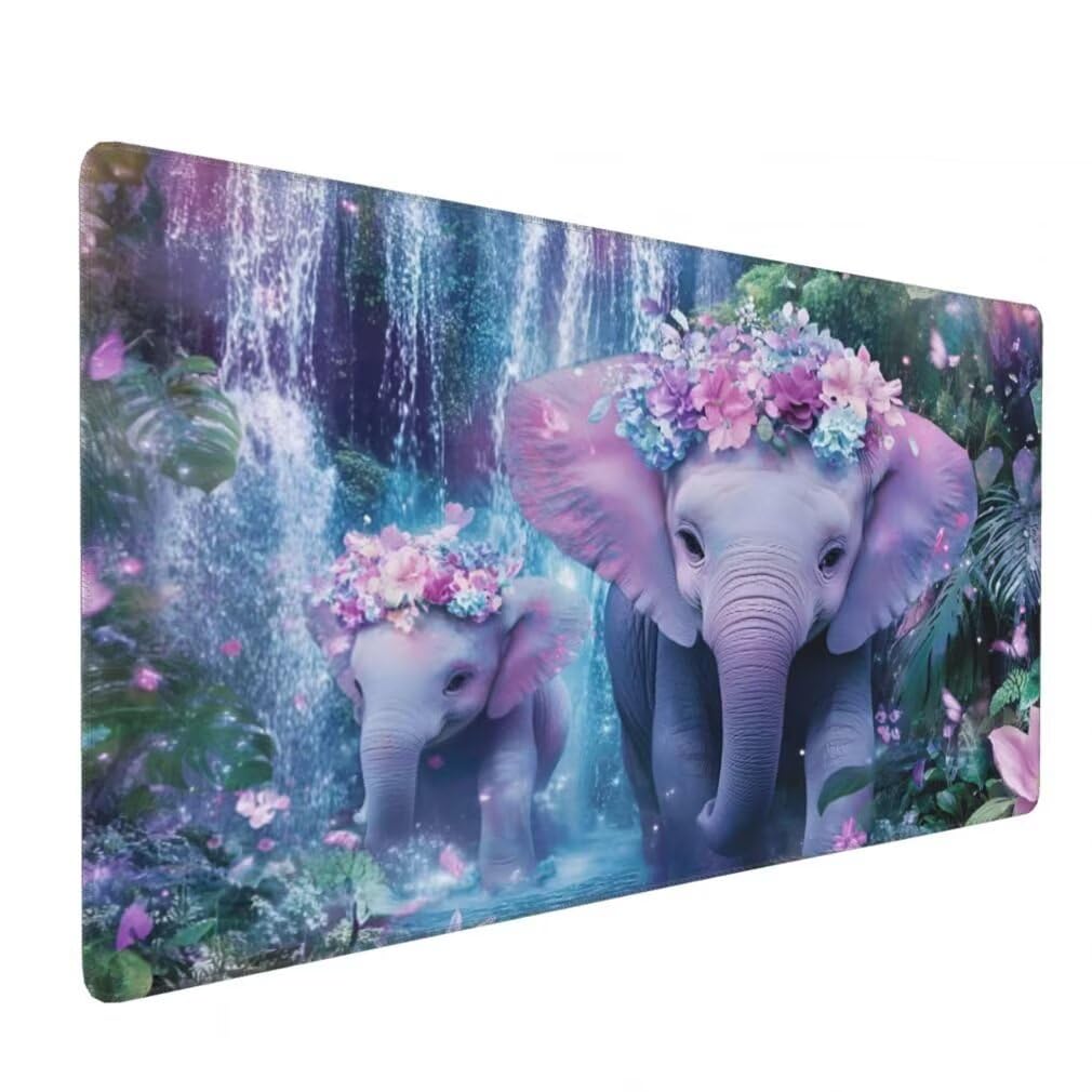 Tappetino Mouse XXL 1200x600mm Elefante Grande Mouse Pad, Tappetino Scrivania con Bordi Cuciti, Grande Mousepad Gaming con Base Antiscivolo per Giocatori, Ufficio e Casa (Cascata Fiore) -MP1564