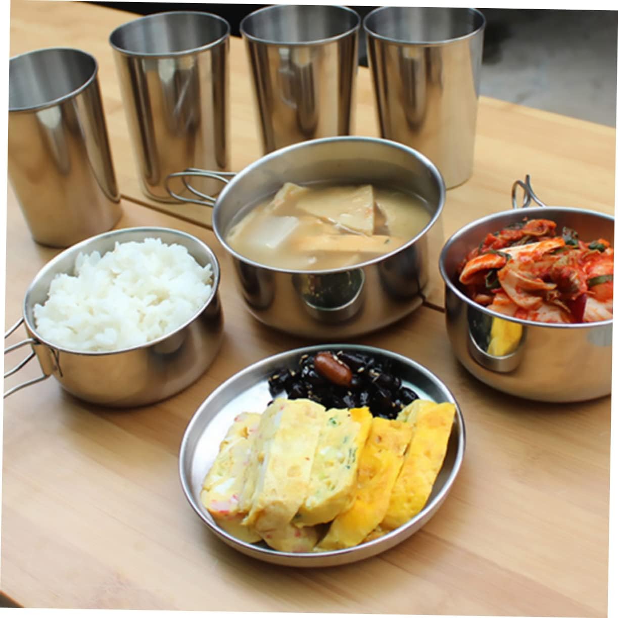 POPETPOP 6-Piece Outdoor Camping Cookware Set Portable Stainless Steel Pots and Pans for Backpacking Hiking and Picnics