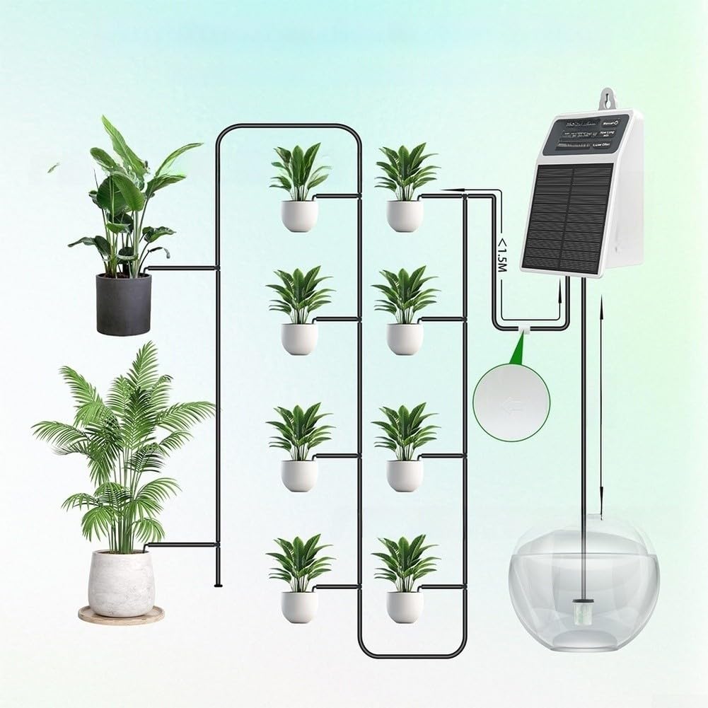 Solarbetriebenes Bewässerungssystem, automatisches Tropfbewässerungsset für Garten, 2200 mAh USB-C wiederaufladbar mit 10 m Schlauch für Gewächshaus, Balkon, Pflanzenpflege