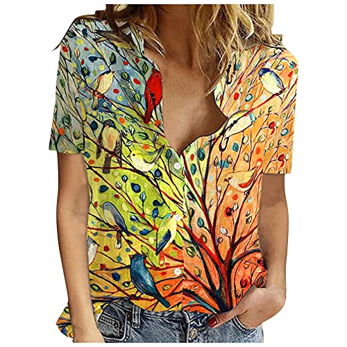 MINGE Women Tops Summer 2022 Trendy Short Sleeve T-Shirts Linen Plus Size Casual Blouse Cardigan Tees Shirts Tunics(Yellow,Medium)