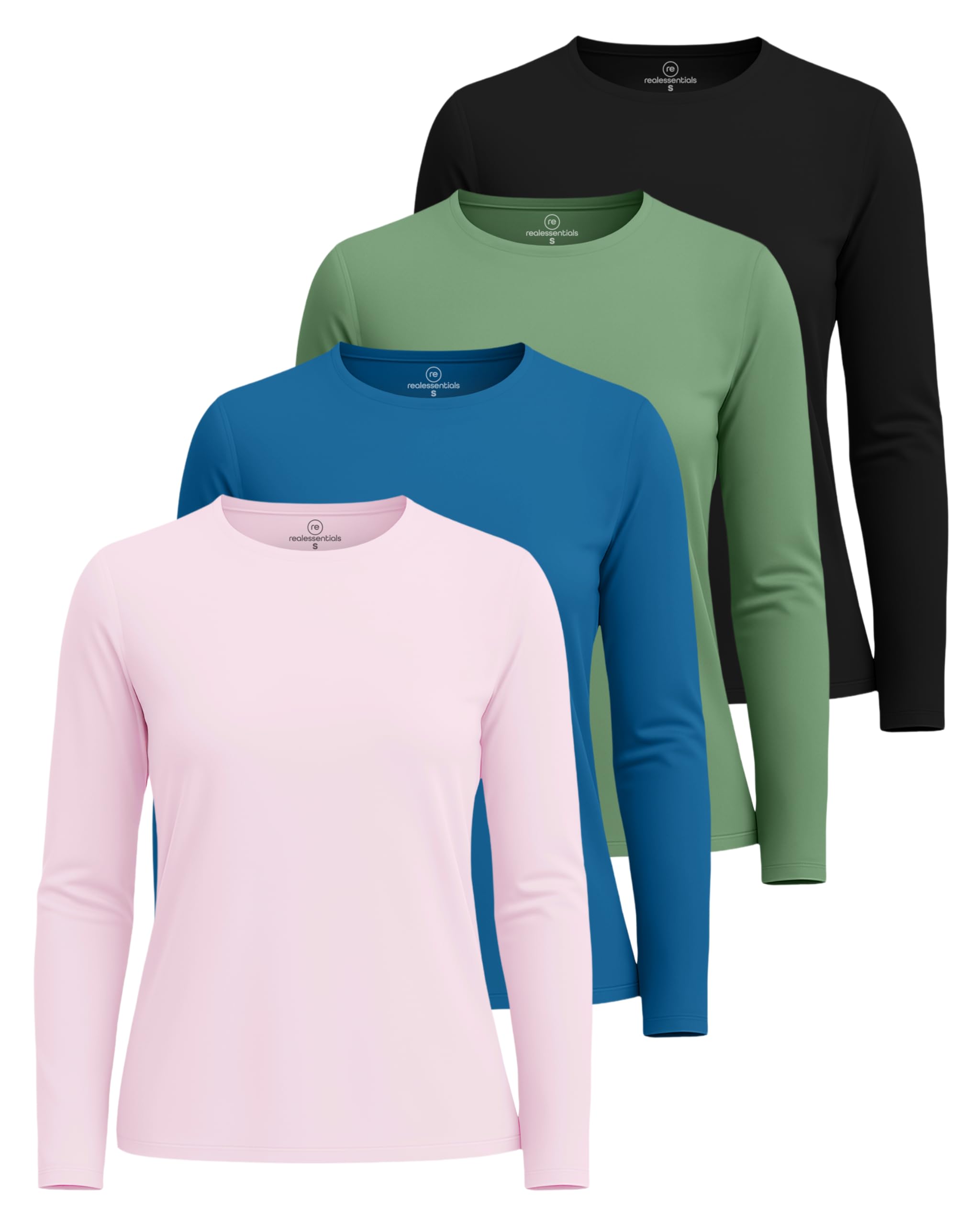 Real Essentials 4 Pack: Women's UPF 50+ Quick Dry Fit Sun Shirts Long Sleeve UV SPF Hiking Top Outdoor (Available in Plus)
