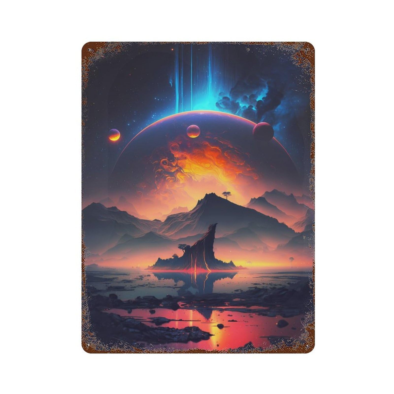 Rust Effect Planetary Vista Fantasy Weathered Tin Sign 15.7"x11.8", Novelty Wall Decor for Office, Studio And Wall Decor