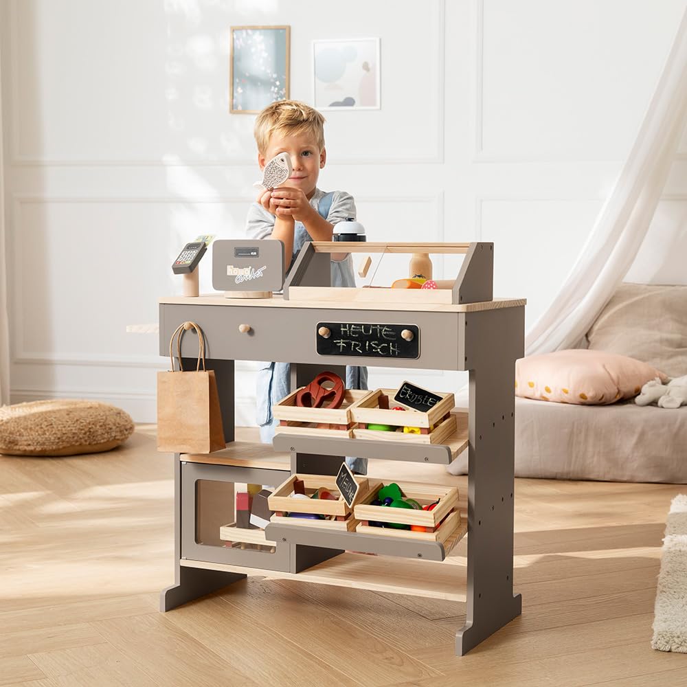 howa Kaufladen Kaufmannsladen aus Holz Kinderkaufladen mit Spielkasse 4755 | Holzspielzeug Kaufladenspielzeug mit Spielkasse und Spielzeugkartenleser, Tafel für Kreide, Vitrine, Klingel natur / taupe