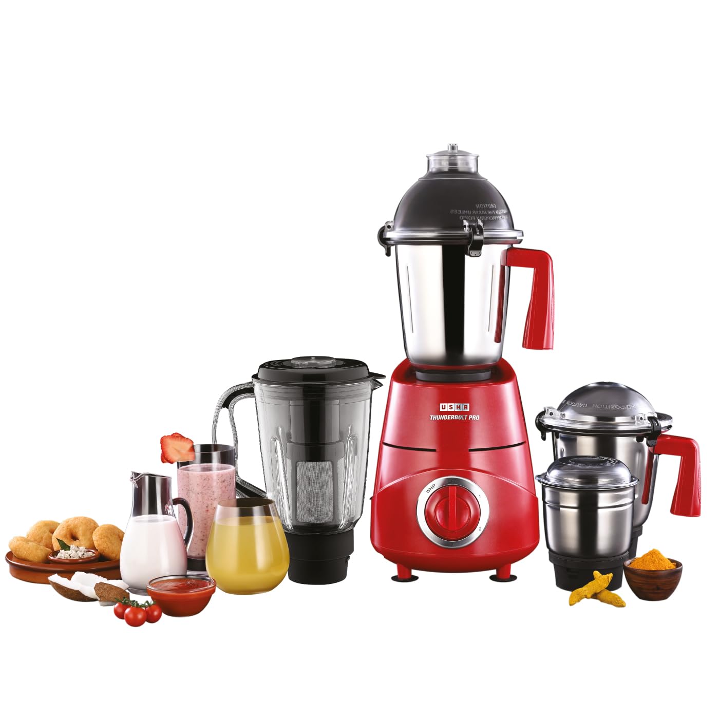 USHA Thunderbolt Pro 1000 Watts Copper Motor Mixer Grinder With 4 Jars|3 Heavy Gauge Food Grade Ss&1 Pc Transparent Break-Resistant Blender Jar With Fruit Filter|2 Yr Product&5Yrs Motor Warranty(Red)-image-30