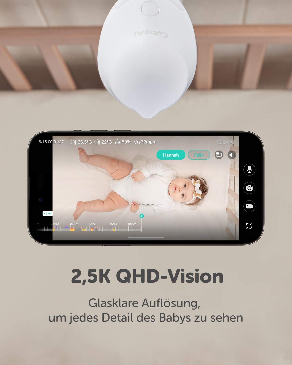 CüboAi CuboAi Smart Baby Monitor 3, KI-Sicherheitswarnungen bei Bauchlage & bedecktem Gesicht, 2,5K QHD WLAN-Babykamera mit Nachtsicht & App, inkl. Bodenständer