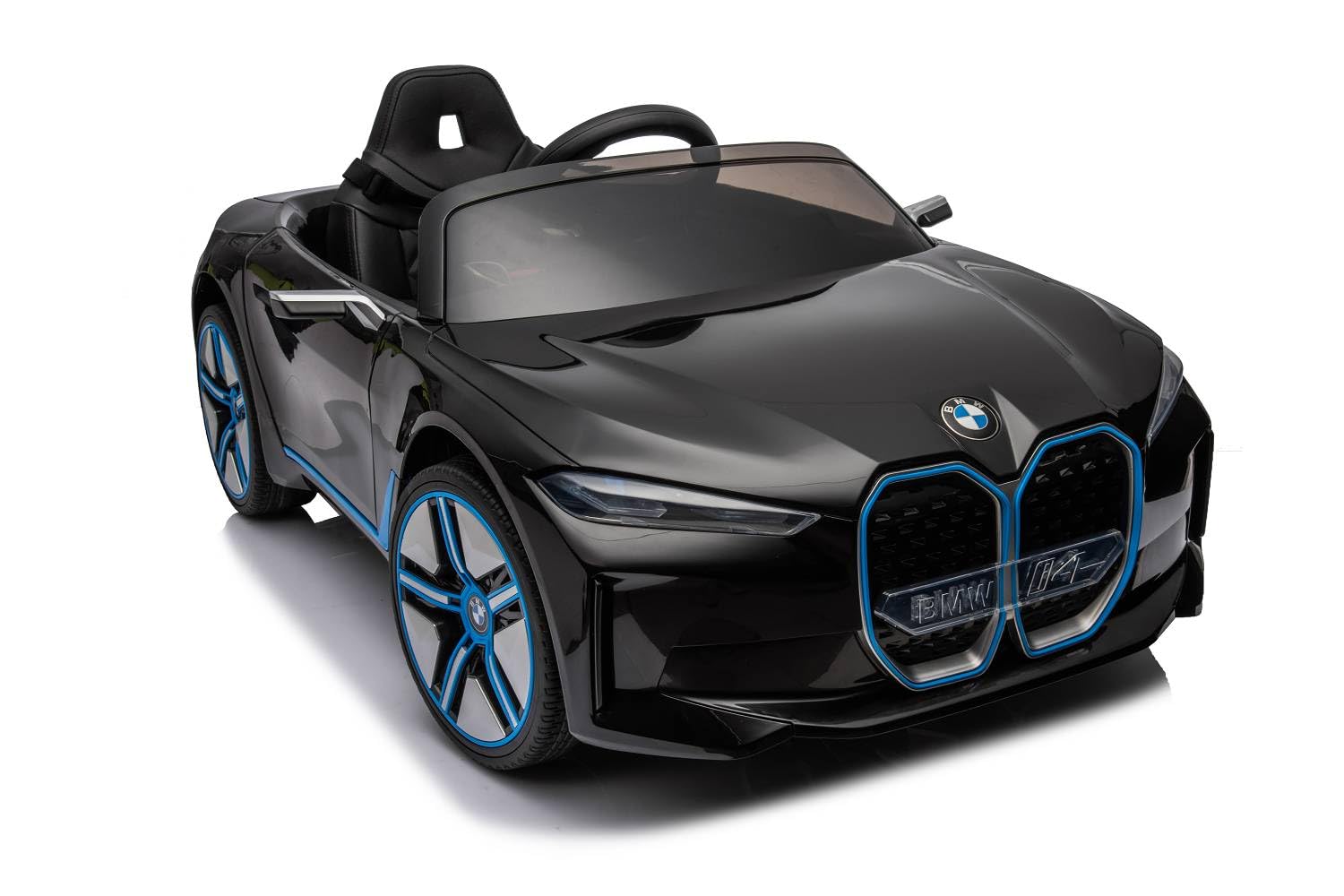 Vehículo eléctrico para niños con diseño como BMW i4 – Licencia – Batería de 12 V7 A, 2 motores – 2,4 GHz mando a distancia, MP3, asiento de piel + EVA (negro)