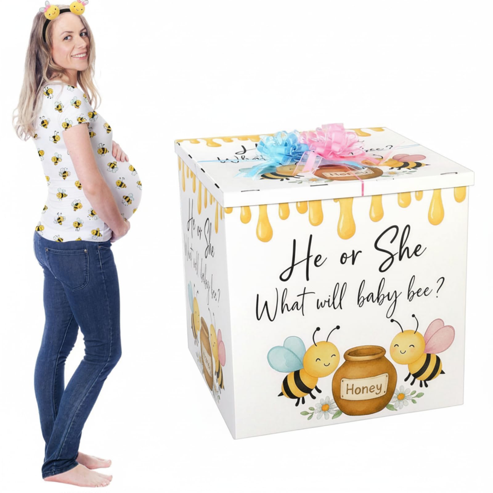 AmazingSpark 28in Jumbo Gender Reveal Gift Box Kit with Oversized Box Giant Pull Bows for Gender Reveal Baby Shower Birthday Party Decor(What Will Baby Bee)