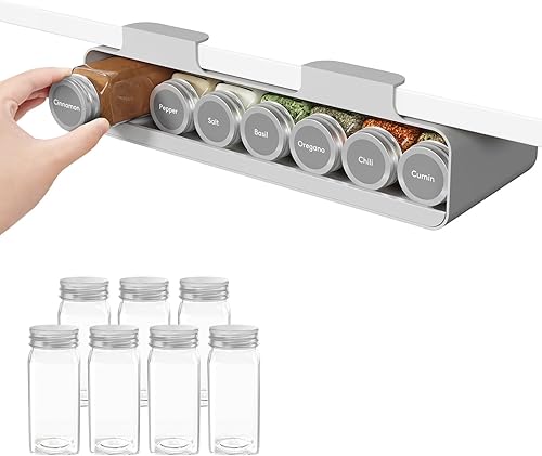 Lifewit Organizador de especias para debajo del gabinete con 7 tarros, etiquetas, debajo del estante, fácil de rellenar con embudo de silicona,