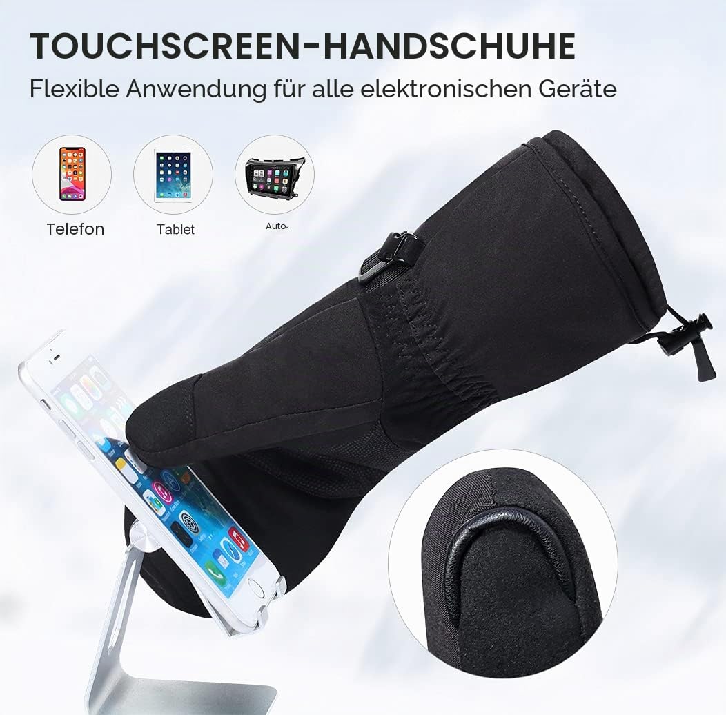 Beheizbare Ski-Fäustlinge – 7,4 V 2200 mAh Akku, 3 Heizstufen (40/50/60 °C), volle Finger-Heizfläche, wasserabweisend & Winddicht, Touchscreen, Verstellbarer Handgelenkriemen, Unisex Damen/Herren