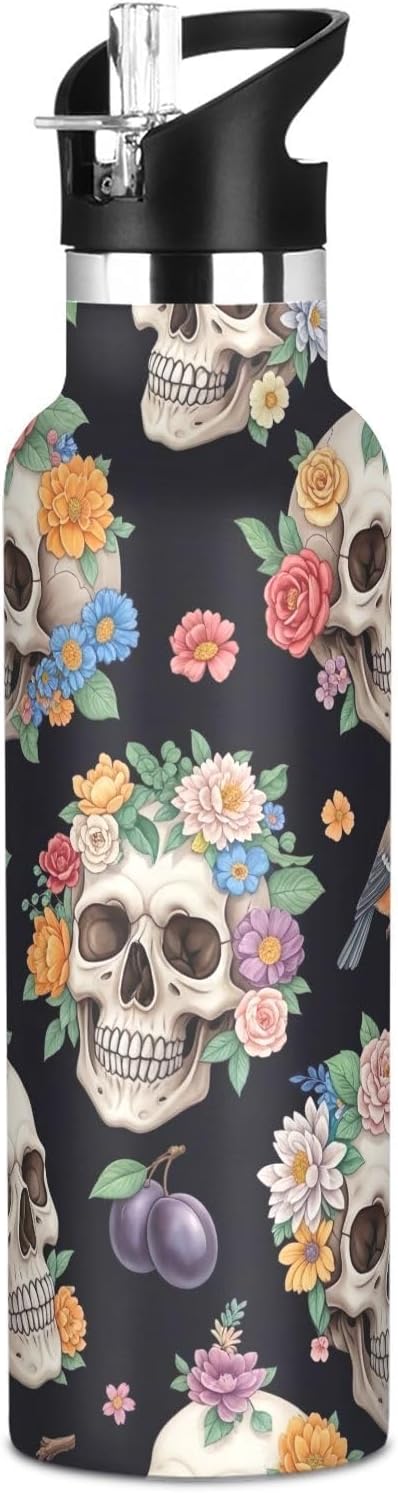 Water Bottle for Kids with Straw, Stainless Steel Water Bottle for Travel or School 20 Oz, BPA-Free, Human Skulls Colorful Flowers