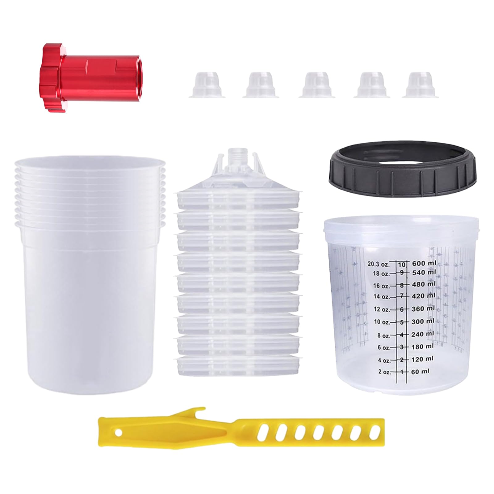 Zestaw kubków do mieszania farb, 10 sztuk jednorazowego pistoletu natryskowego o pojemności 600 ml, 10 pokrywek z filtrami, 1 twardy kubek z uchwytem, 1 pręt do mieszania, 1 adapter, 5 zatyczek