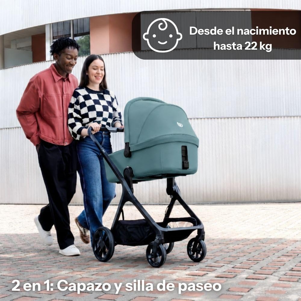 Be Cool Kombo, Cochecito Bebé 2 Piezas con Capazo Rígido Elevable y Silla de Paseo Reversible, Plegado con una Mano, Desde el Nacimiento hasta 22 kg, Azul