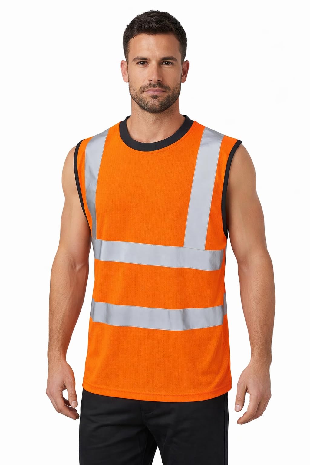 Generation-Plus+® Hi Vis Viz Work Utility Sleeveless Round Neck T-Shirt Warning Vest - High Visibility Safety Security Workwear Double Tape Tank Top (Orange, X-Large)