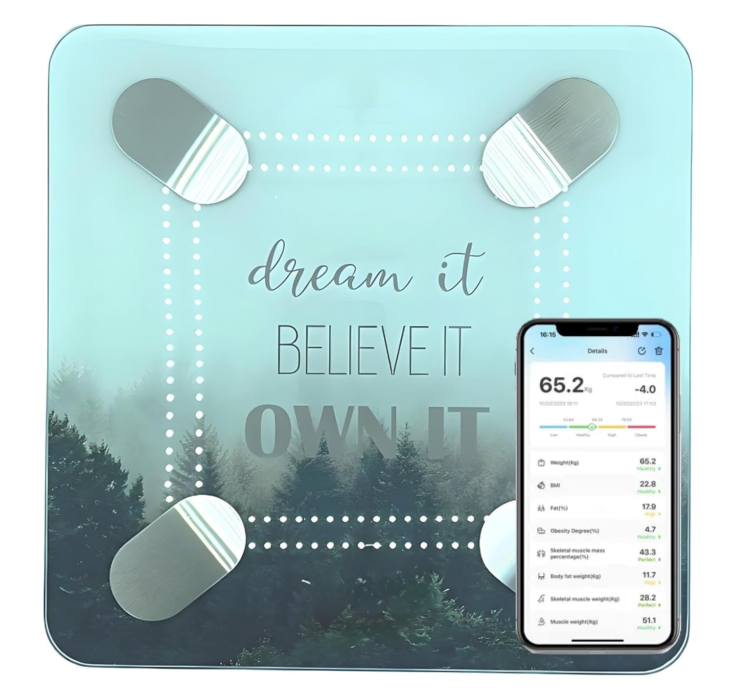 Smart Scale - Digital Bathroom Scale with BMI & Body Fat Monitor, Health Analyzer, 400 lbs Capacity, Smartphone App Compatible (Dream It Believe It Own It)