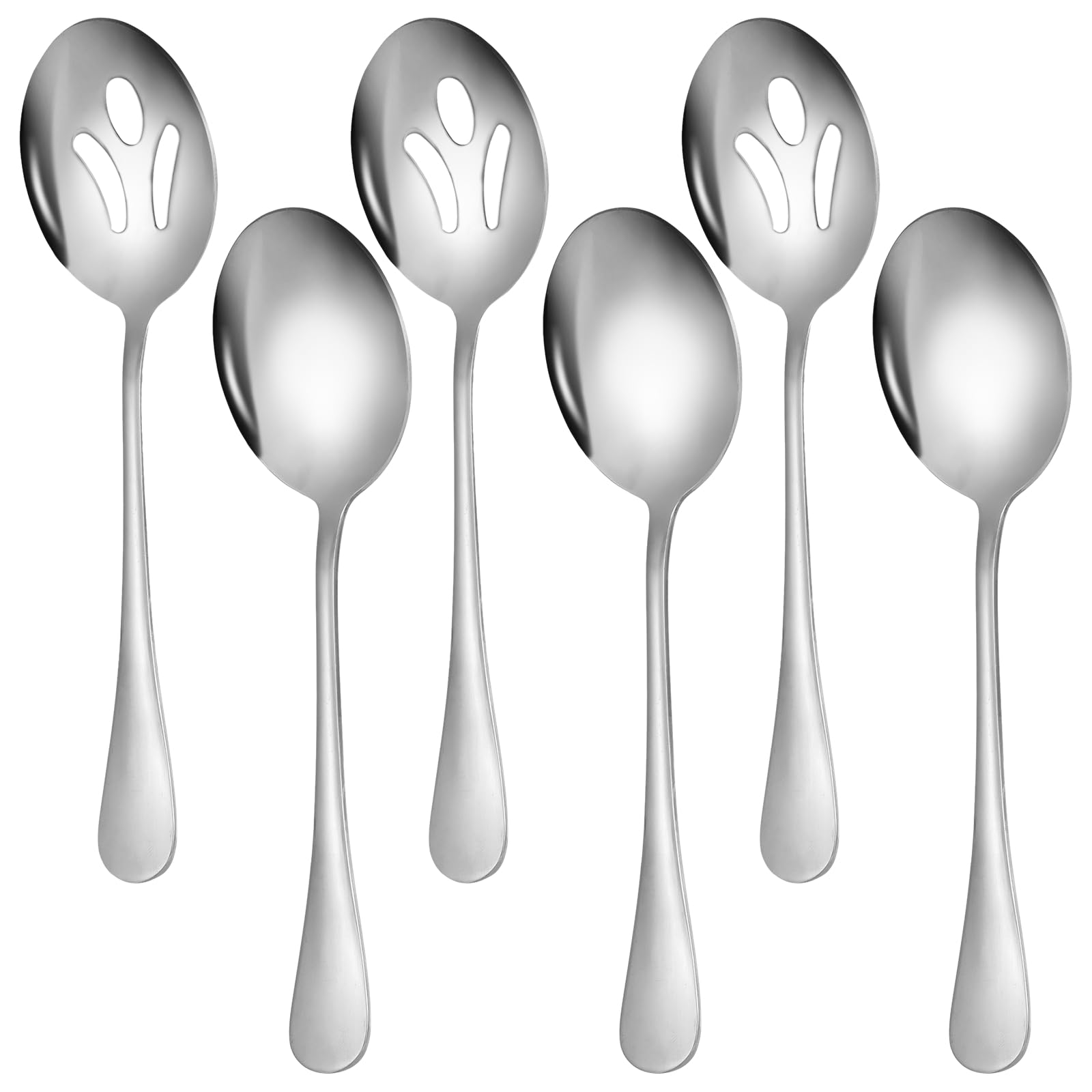6er-Set breite Servierlöffel, Buffetlöffel aus Edelstahl, geschlitzte und klassische Löffel, hochglanzpoliert, robust und korrosionsbeständig, für Catering und Empfang
