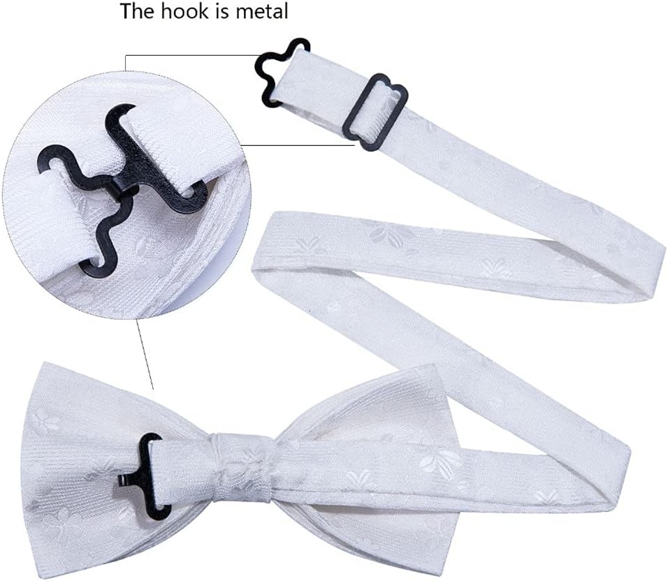JSEIAJB White Floral Silk Pre-Bow Tie For Men Wedding Accessorie Adjustable Handky Removable Gold Set