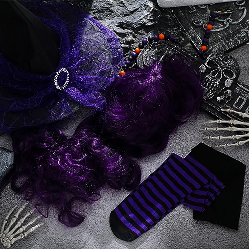 Jenpen XE-JENPEN-1717 3 Pcs Halloween Witch Costume Sets Vintage Witch Hat Purple Curly Synthetic Hair Horizontal Striped Tights Halloween Wig thumb #3