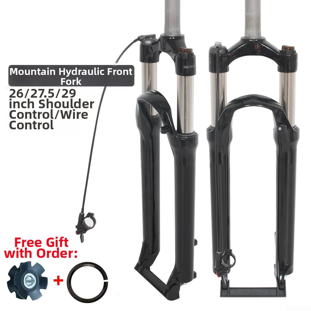Horquilla delantera de aleación de aluminio para bicicleta de montaña con bloqueo hidráulico, suspensión de resorte de aceite para senderos difíciles, cable de control de hombro, rojo, azul y gris (29
