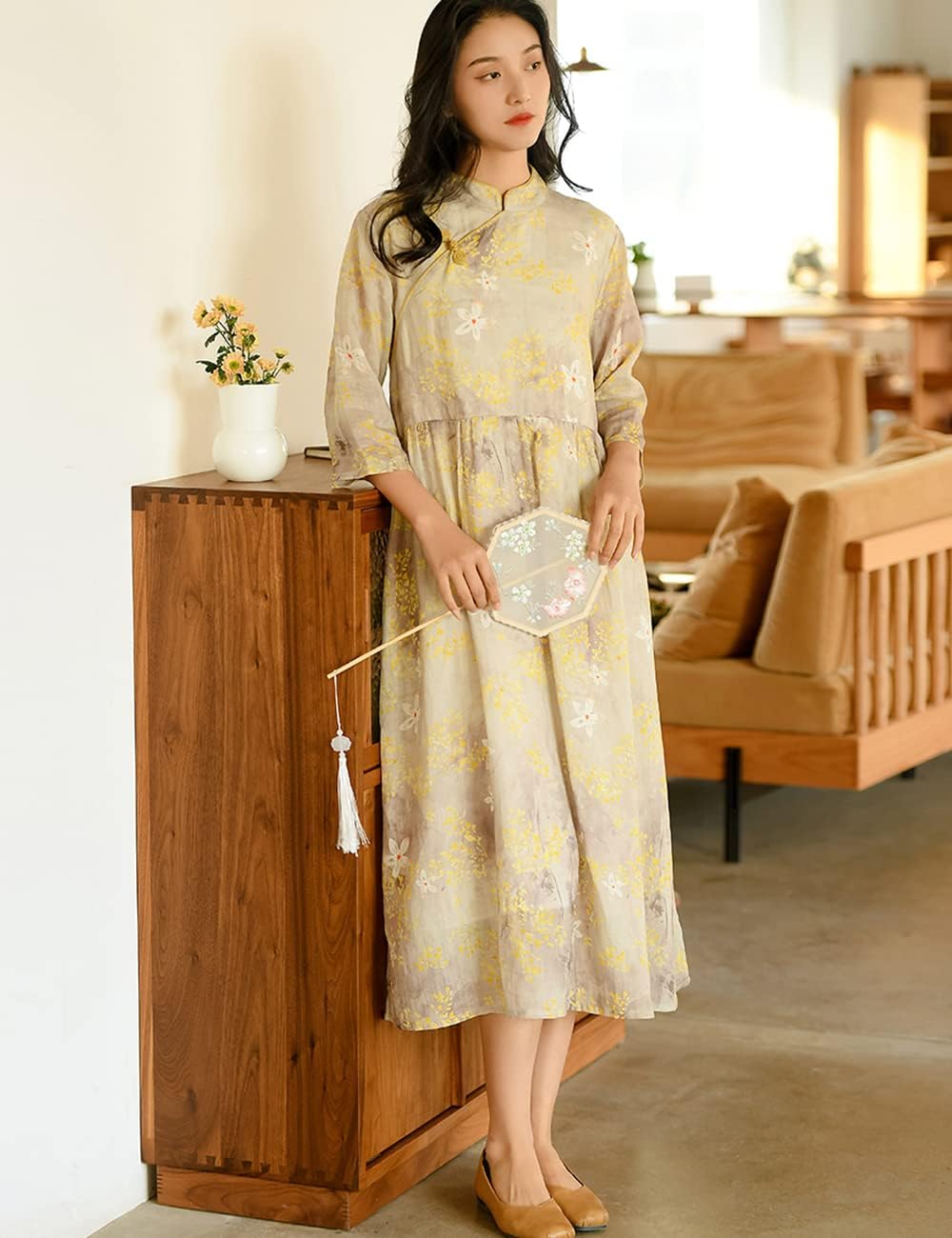 NFYM Women's Long Cheongsam Chinese Qipao Mandarin Collar High Waist Bohemian Floral Dress with Pockets