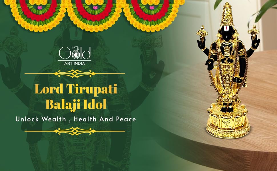 Image of Gold Art India Lord Tirupati Balaji Idol Murti for Mandir | Pooja Room Lord Vishnu Shree Venkateswara Swamy Statue God Balaji Home Decor Showpiece for Gift Living Room (Gold Plated Black Terracotta)
