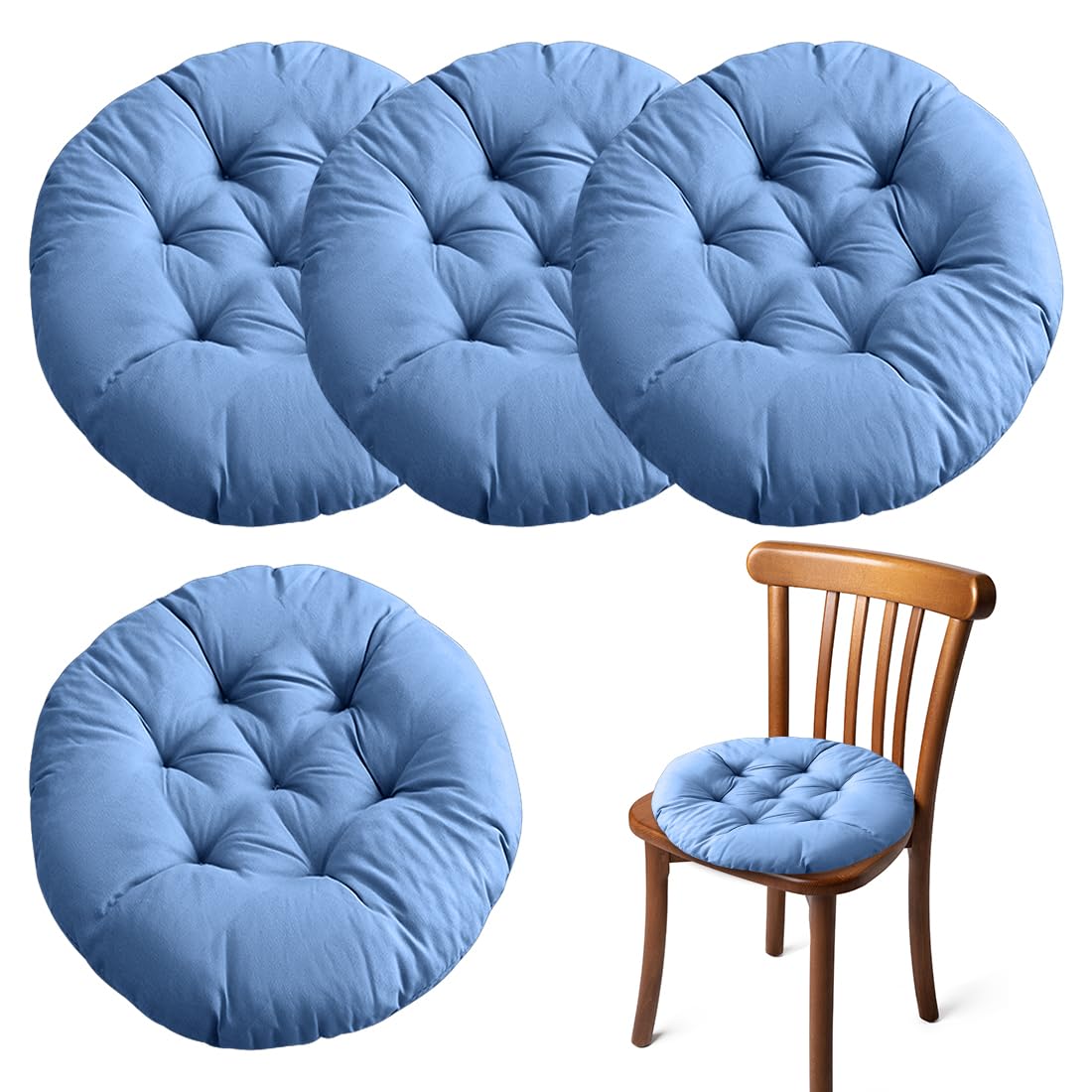 Set di 4 Cuscini Rotondi da 40 cm, Imbottiti in Cotone Perlato, per Sedia da Giardino, Ufficio, Balcone, Interni ed Esterni