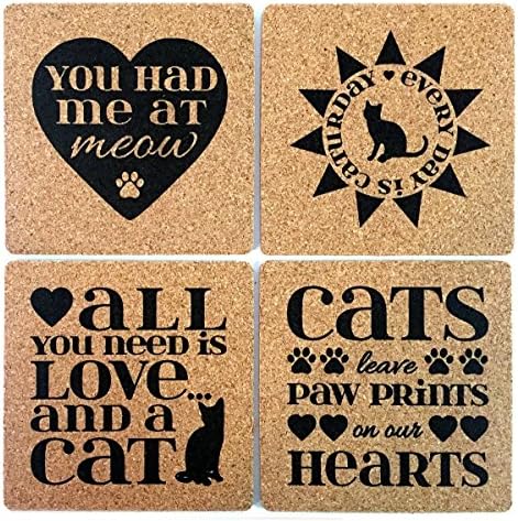 Cat Lover Gift Cork Coaster Set by Yay Delicious - You Had Me At Meow; All You Need Is Love and a Cat; Every Day Is Caturday; Cats Leave Paw Prints On Our Hearts