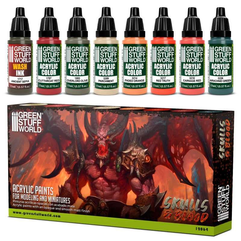 Green Stuff World Maxx Formula Acrylic Paint Set, Skulls & Blood, 8 Colors, 17ml Dropper Bottles 12064