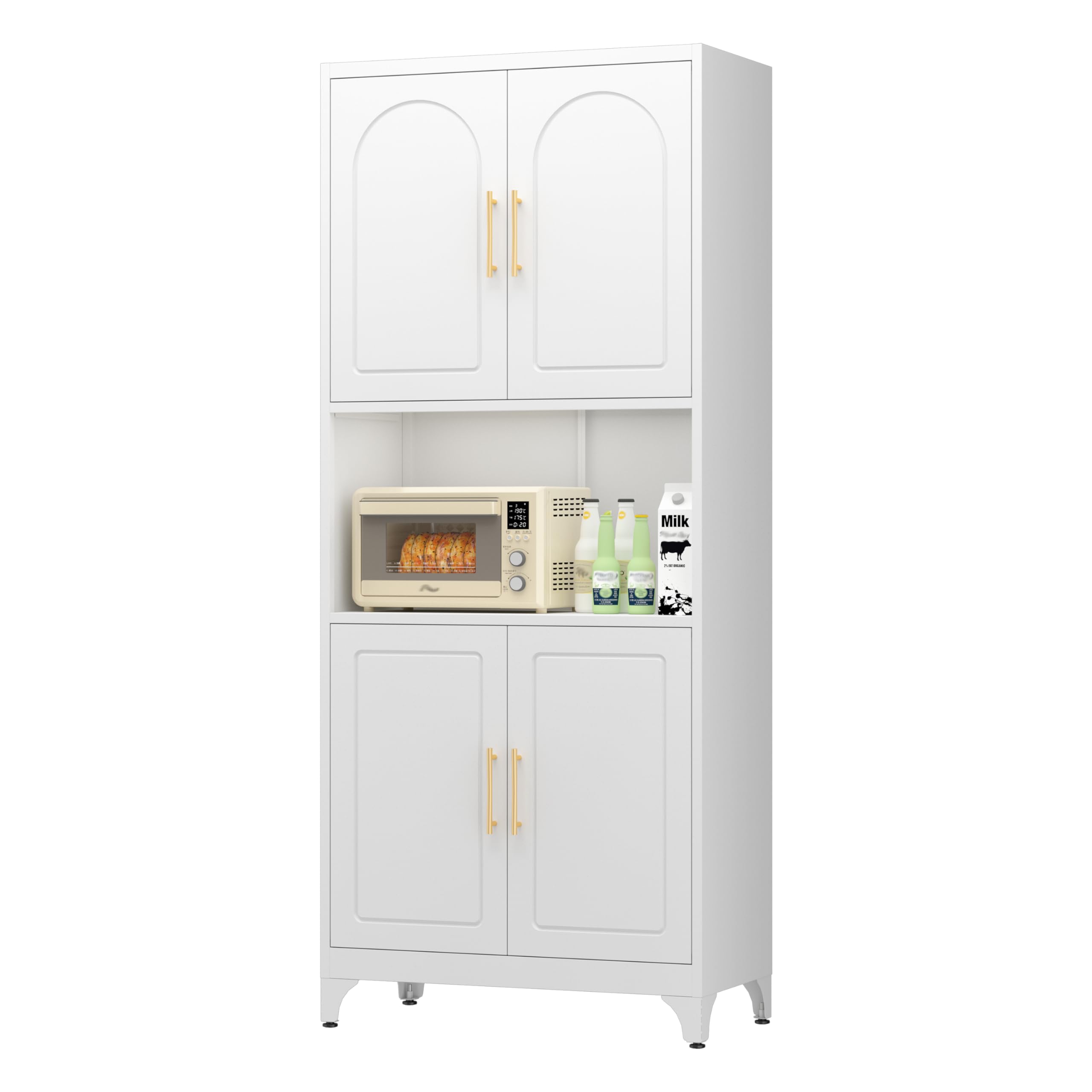 SteeLoong Kitchen Pantry Storage Cabinet with Microwave Stand，White 75" Tall Metal Cupboard with 4 Doors and Adjustable Shelves for Bathroom, Dining
