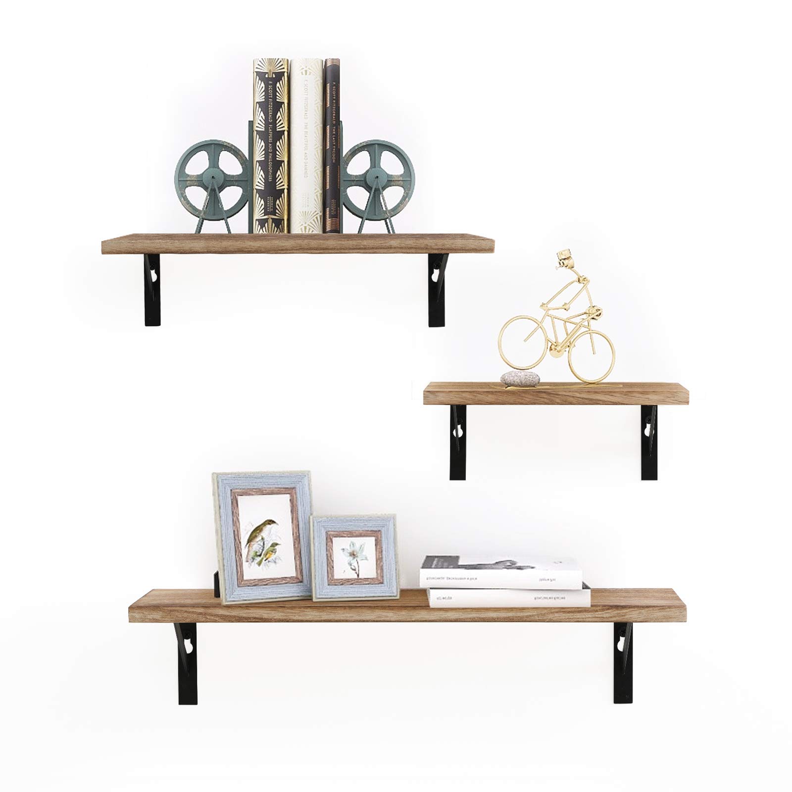 Haton Floating Shelves, Rustic Wood Wall Storage Shelves, Wall Mounted Decorative Display Shelves, Shelf Organizer Set of 3 for Living Room, Bedroom, Kitchen, Bathroom, Office-