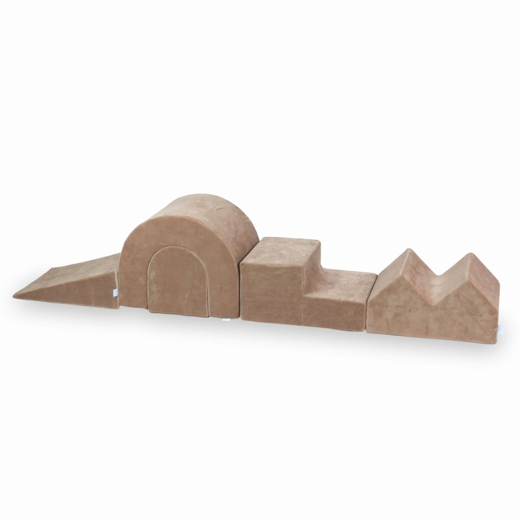 Mimii Parco giochi in schiuma Velvet Soft, beige scuro, 5 elementi, grandi mattoncini da costruzione per gattonare e arrampicare, morbidi mattoncini da gioco per neonati e bambini, giocattolo motorico
