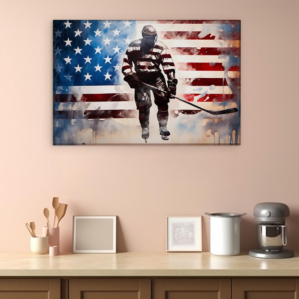 Canvas for Living room. Power and Patriotism on Ice: The Essence of American Hockey Spirit, 27 x 18 inch Canvas Wall Art - Driver - Modern Home Decor