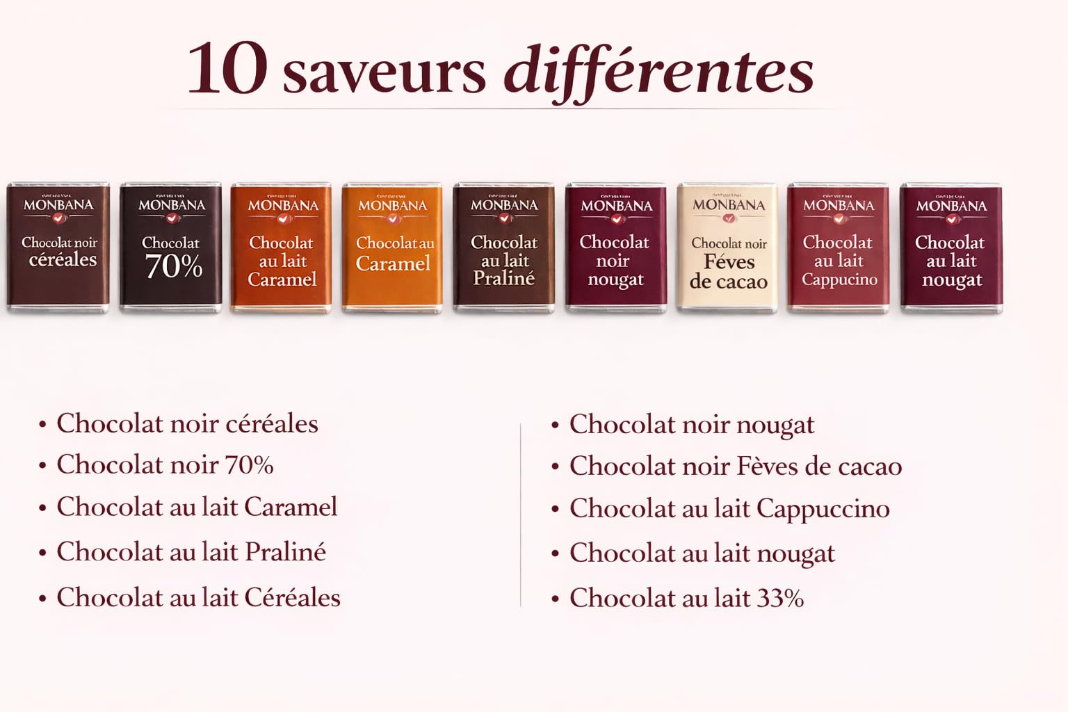 Monbana Coffret Chocolats Assortis 800 g – 200 Carrés Individuels | 200 carrés individuels assortis – 10 saveurs chocolat noir et lait
