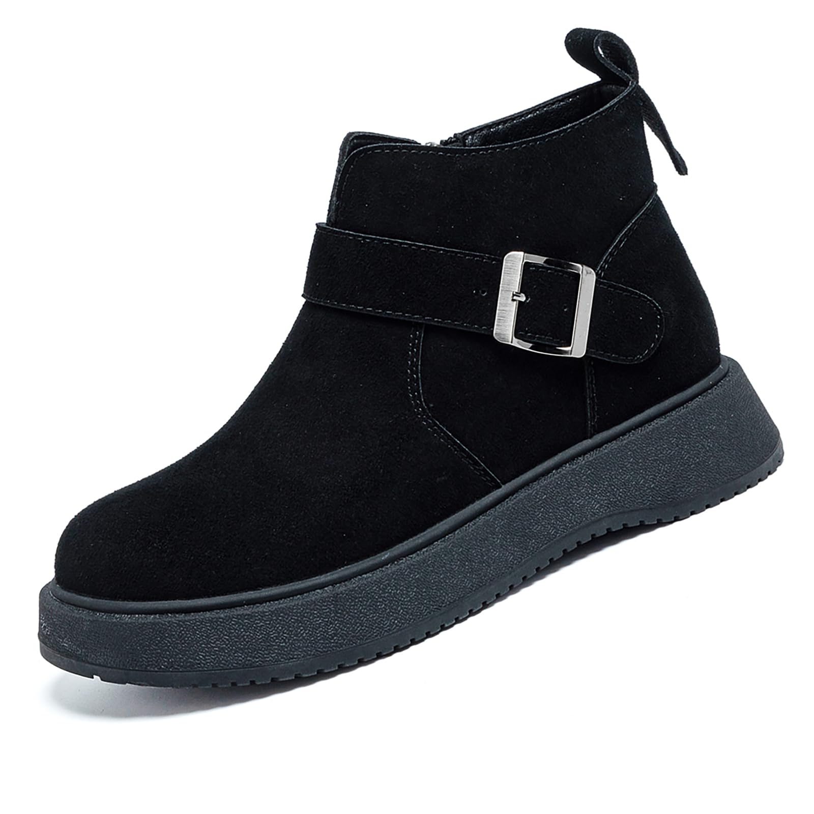 Womens Suede Platform Snow Ankle Boots Insulated Non-Slip Fur Lined Side Zipper With Monk Buckle Winter Short Boots