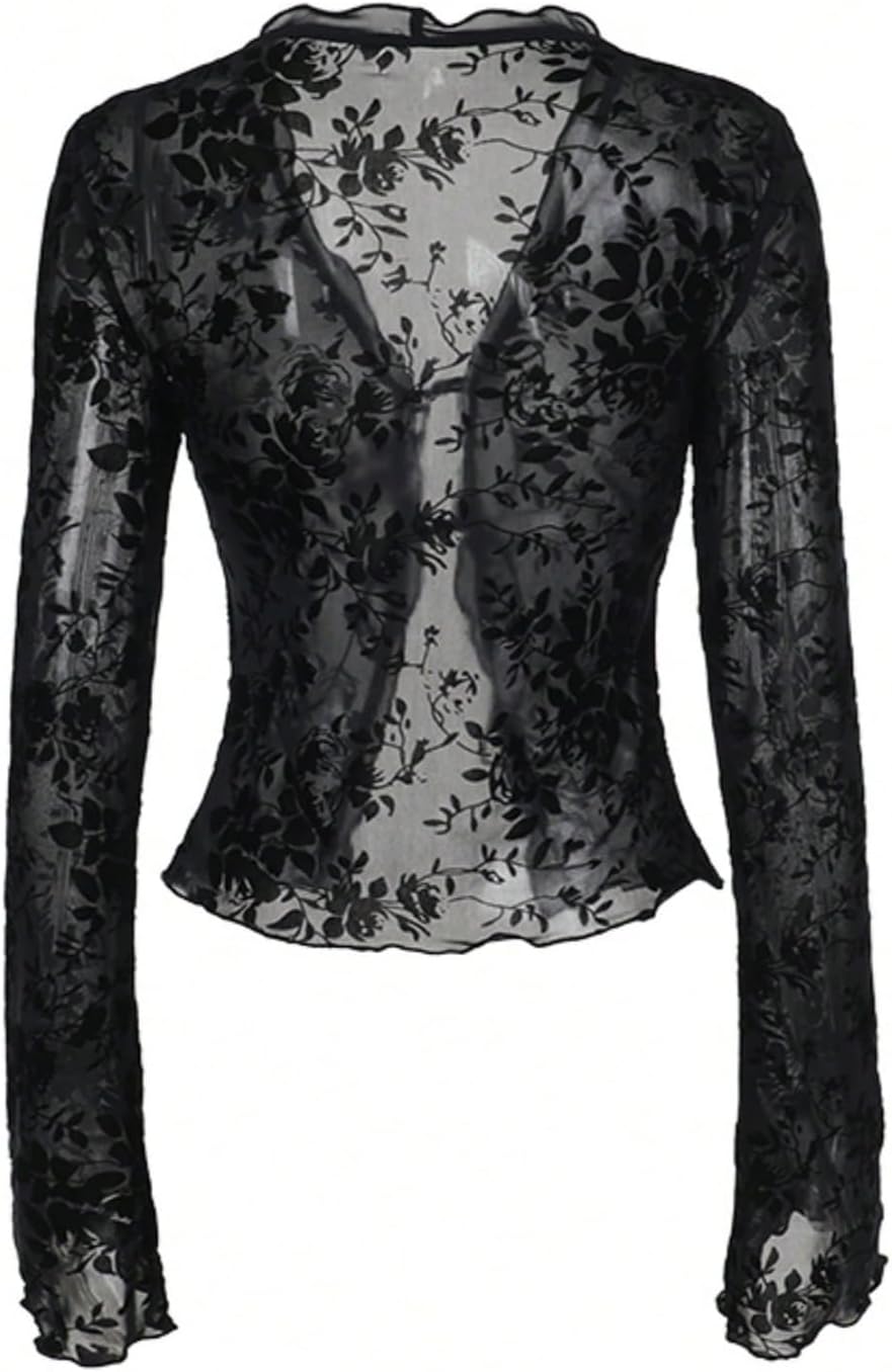 GORGLITTER Women's Bell Sleeve Tie Front Y2K Tops Classy Cute Sheer Going Out Gothic Concert Mesh Long Sleeve Crop Tops - Image 3