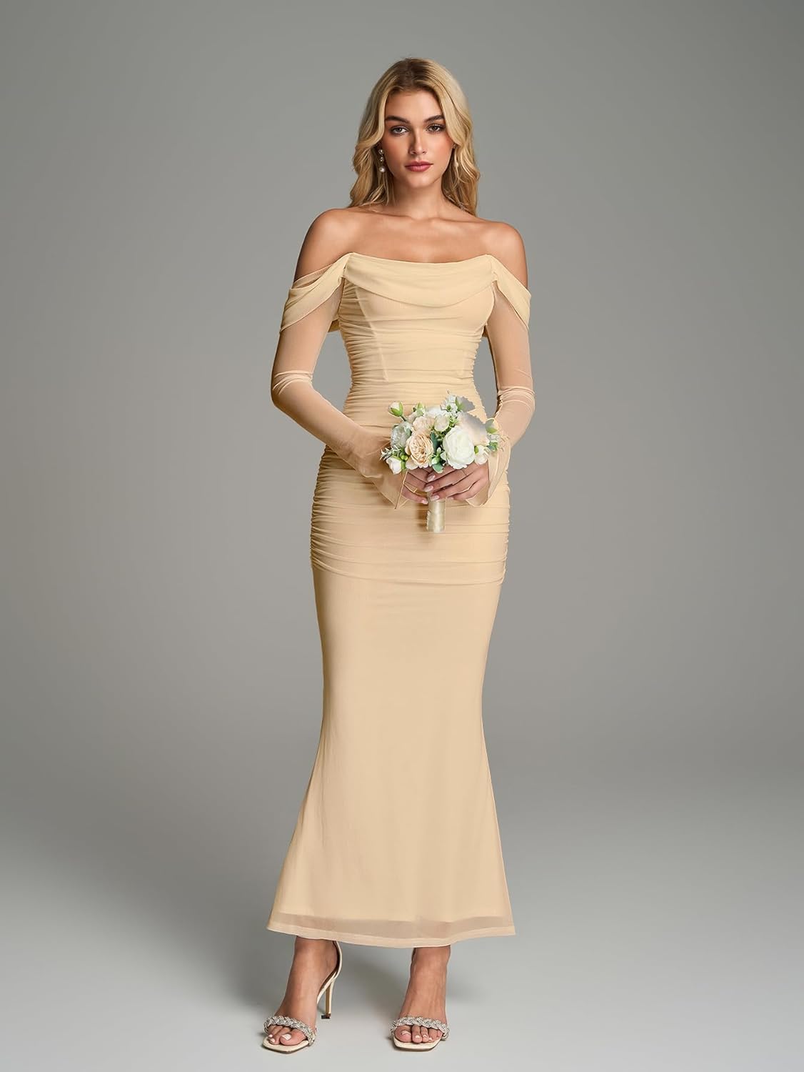 KUTUMAI Off Shoulder Long Sleeve Maxi Dress Corset Bodycon Ruched Cocktail Formal Wedding Guest Dresses for Women - Image 2