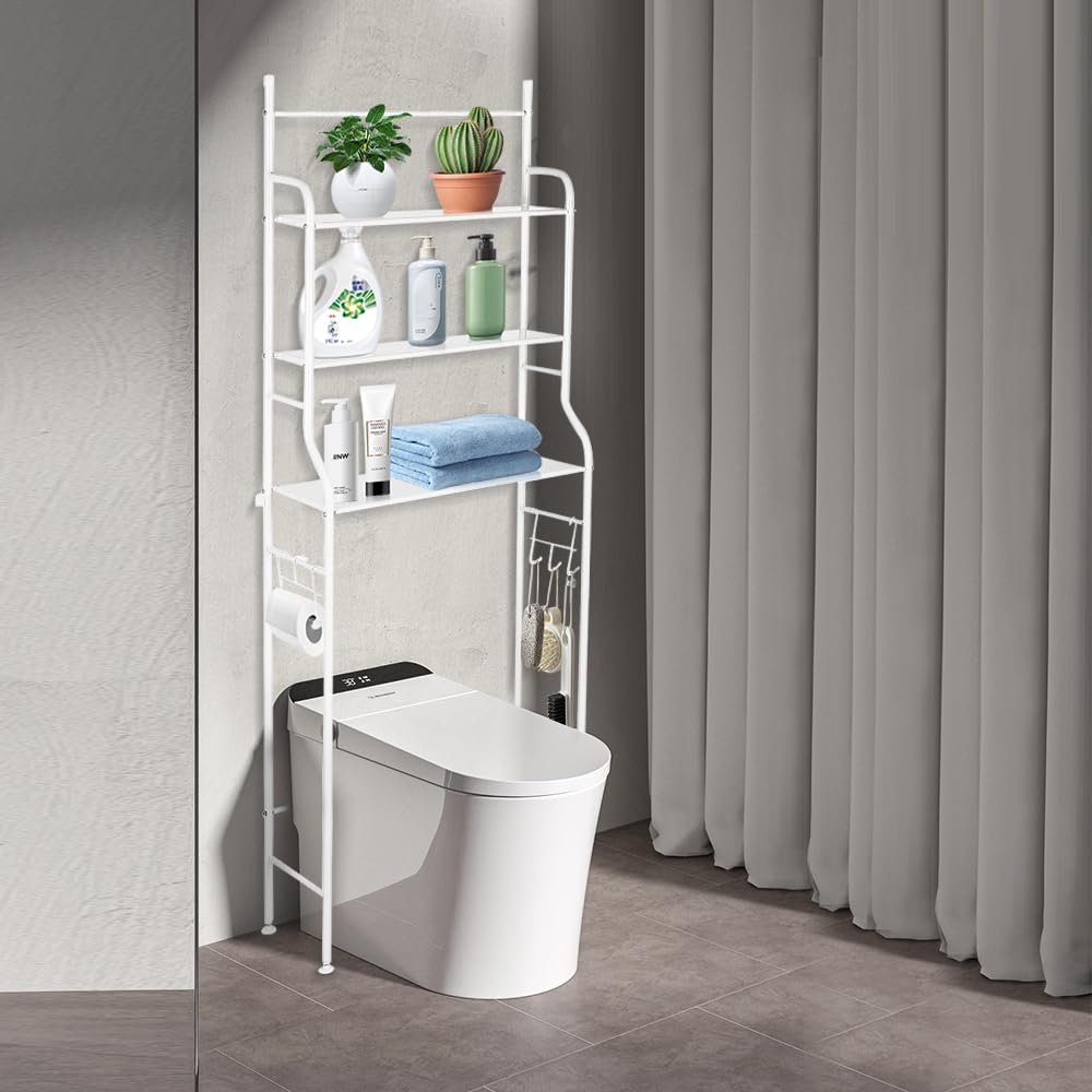 Supfine Scaffale WC a 3 ripiani, con gancio, per lavatrice sopra il WC o la lavatrice, ripiani regolabili, salvaspazio (bianco, 55 x 26 x 165 cm)