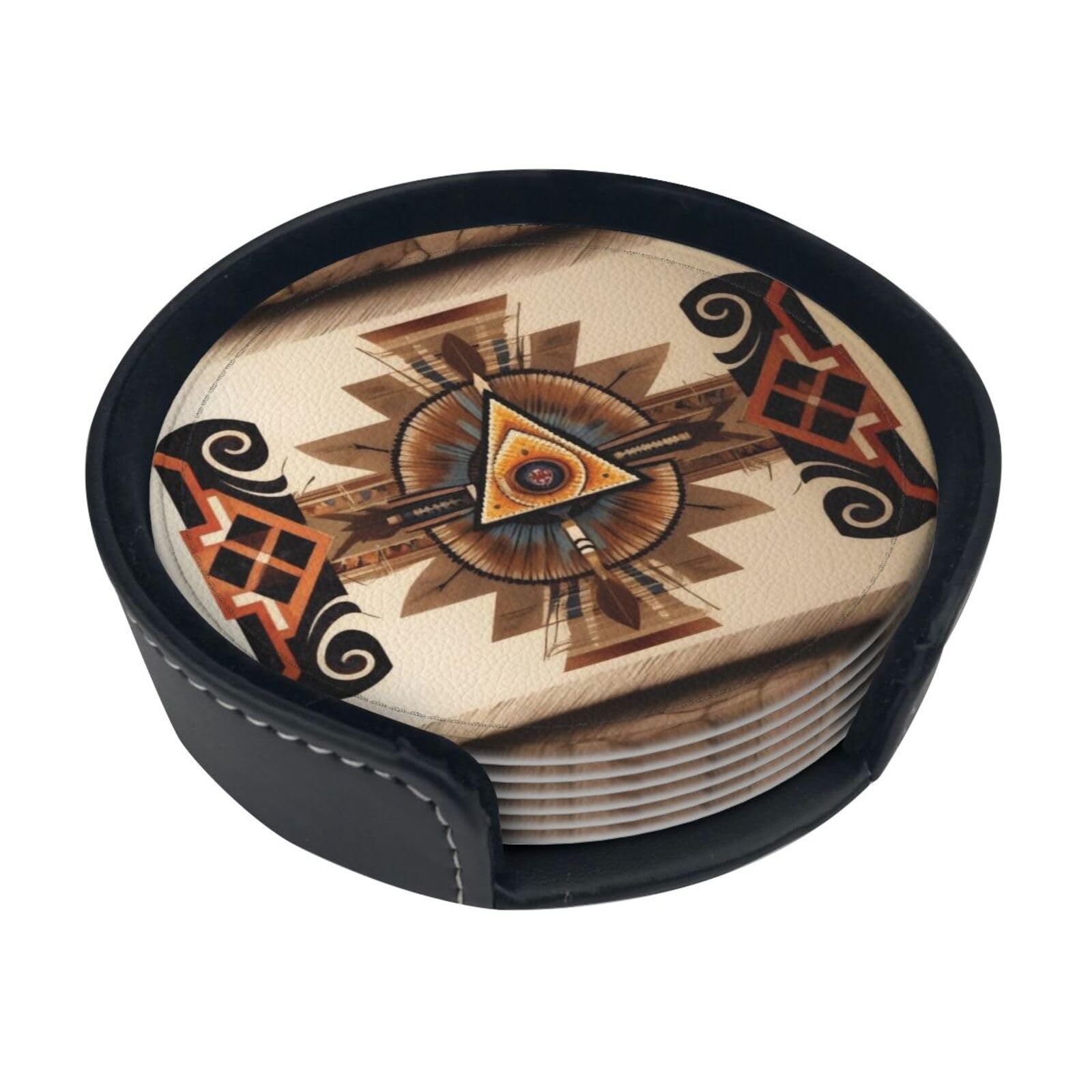 Cntdbu White Native American Patterns Leather Coasters Set Of 6-Pu Leather Drink Mats For Table, Heat Resistant Round Coasters With Holder