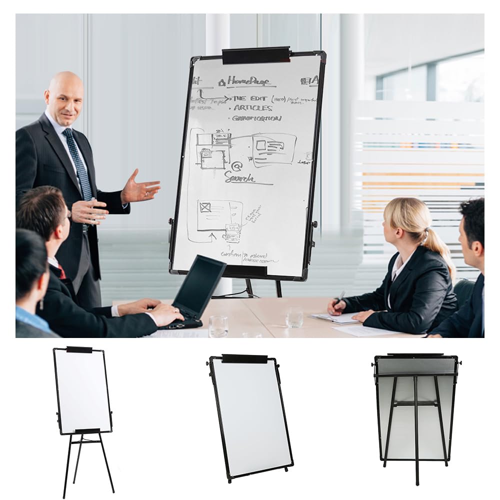 Homewell Tablica suchościeralna 90 x 60 cm z markerem do tablic suchościeralnych, gąbką i 6 magnesami, tablica suchościeralna, z regulacją wysokości, statywem, flipchartem, magnetyczna tablica do