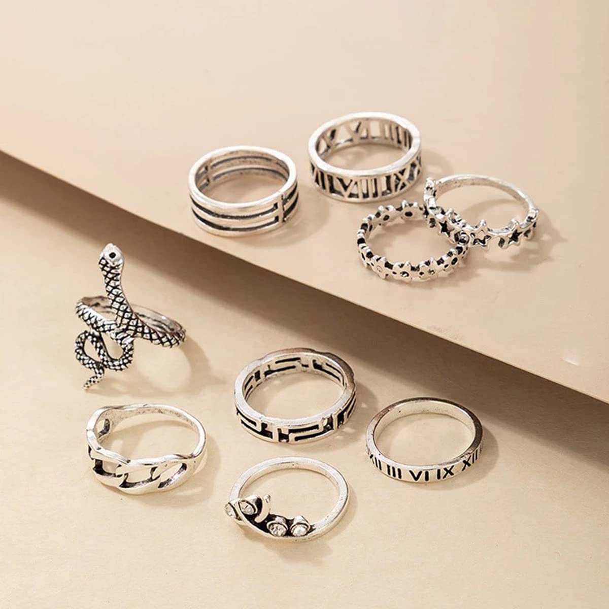Silver Plated Snake Stackable Rings Set of 9