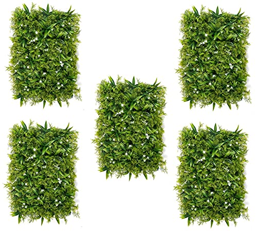 Image of Wall Grass (5 Pcs), Artificial Grass for Wall Decoration, Vertical Garden Artificial Mat, Artificial Grass Tiles for Balcony (Green and White Flowers, 60cm x 40cm x 8cm, Pack of 5)