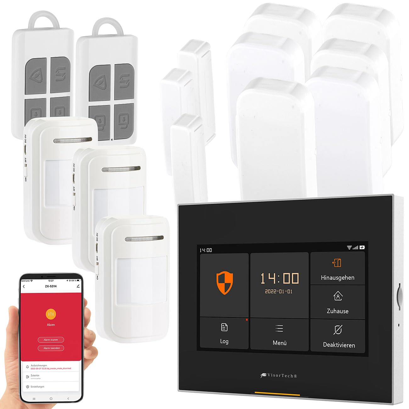 VisorTech Funkalarmanlage: 14-TLG. Funk-Alarmanlage: 9 Sensoren, 2 Fernbedienungen, GSM WLAN App (Alarmanlage Wohnung, Funk Set, 12V)