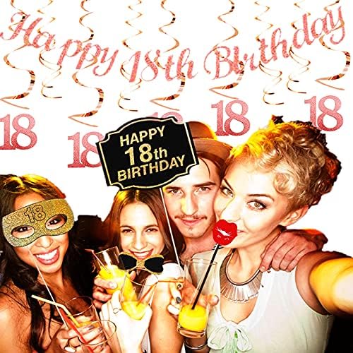 18th Birthday Party Decorations Rose Gold with Happy 18th Birthday Bunting Banner Hanging Swirls Streamers for Girl Women Adult Birthday Anniversary Party Decor Supplies Photo Booth Backdrop