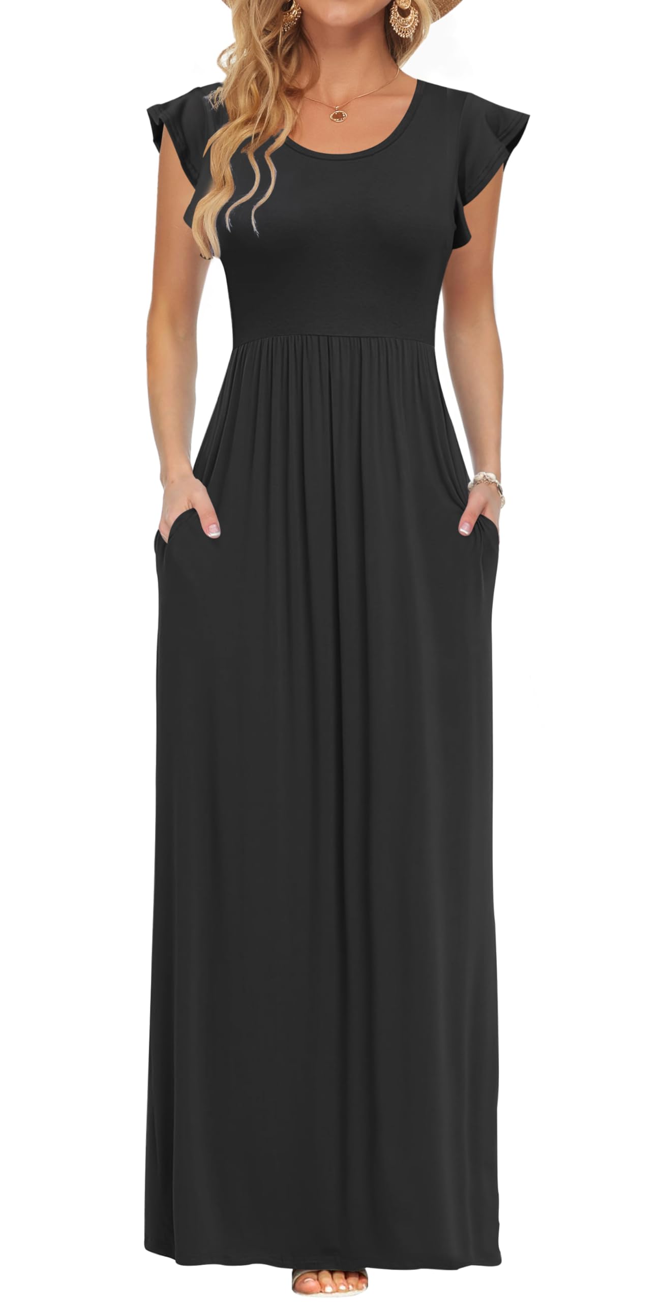AUSELILY Damen Sommer Rundhalsausschnitt Maxi Kleid mit Taschen Kurzarm und Rüschen Lässiges Hohe Taille Langes Lockeres Bodenlanger Rock